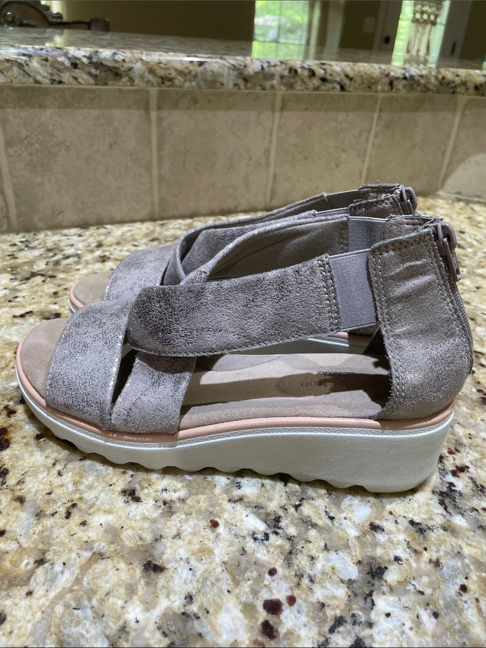 Clarks Shimmery Taupe Crisscross Wedge Sandals Size 7